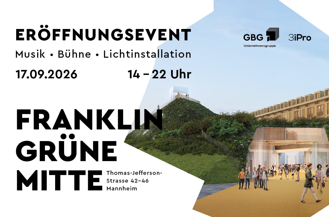 KI-basierte Bildbeschreibung | Veranstaltungsplakat zur Eröffnung der „Franklin Grüne Mitte“ am 17. September 2026 von 14 bis 22 Uhr in Mannheim mit Musik, Bühnen- und Lichtinstallationen; darauf sind eine Menschenmenge und ein grüner Park zu sehen.